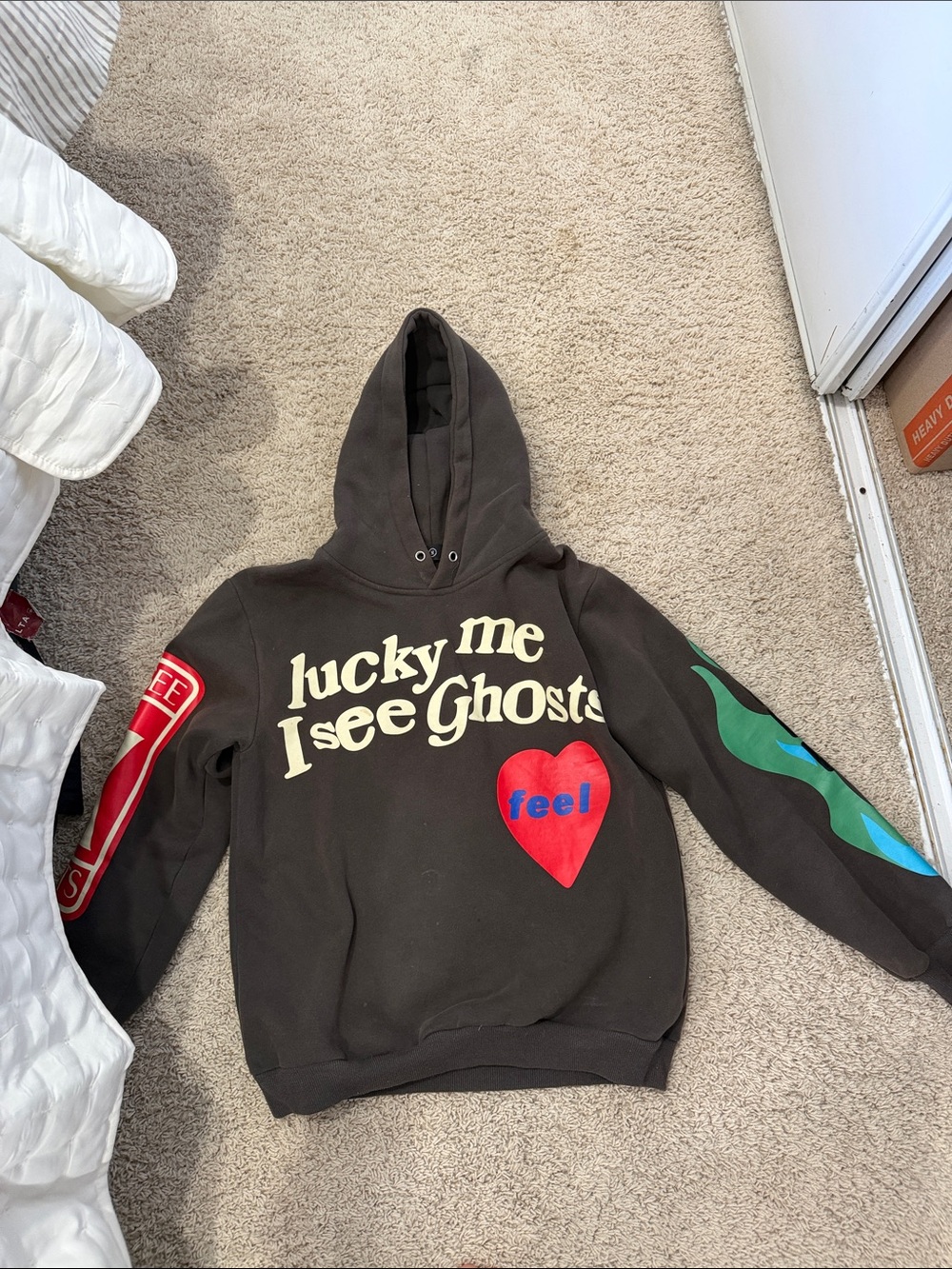 Lucky Me I See Ghosts Black Graphic Hoodie with Red Heart
